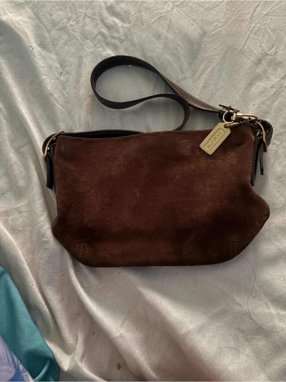 Coach Brown Suede Crossbody with Leather Strap and Gold Tag